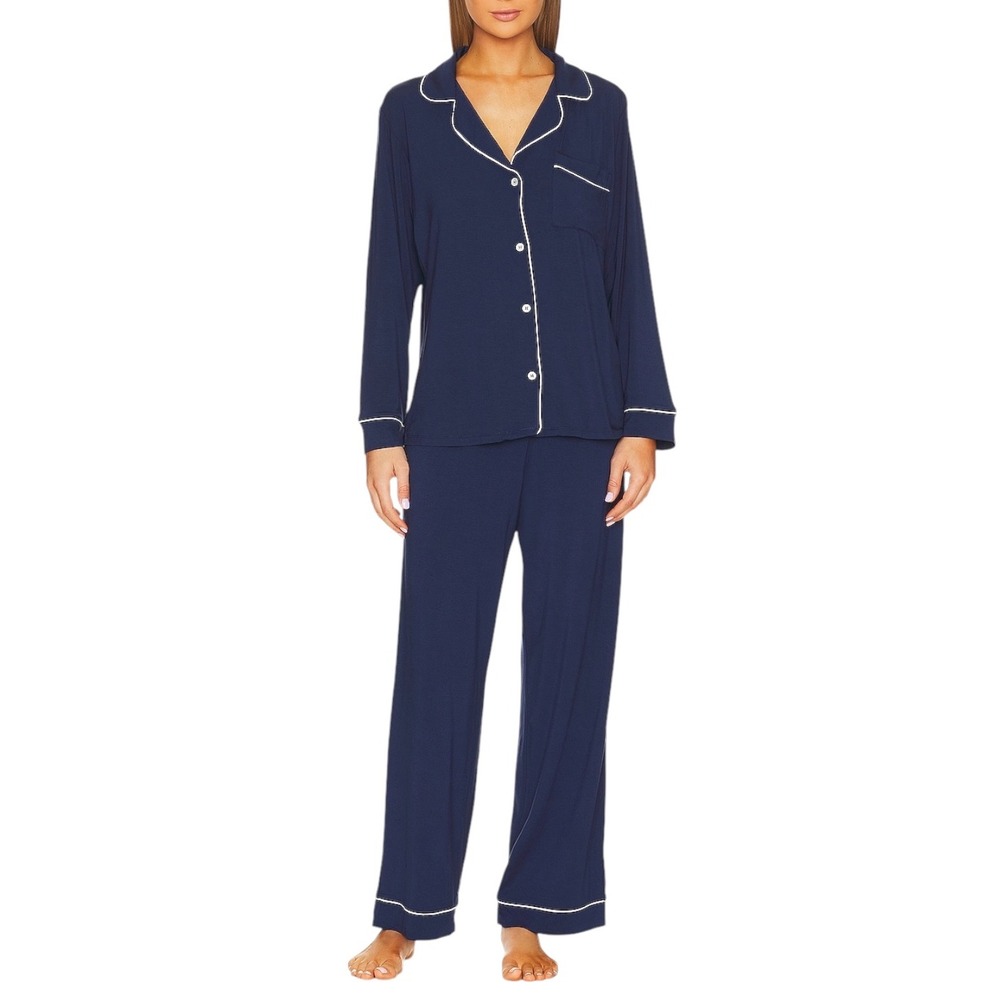Eberjey Gisele Navy White Piping Soft Luxurious Cozy TENCEL Modal Long PJ Set L